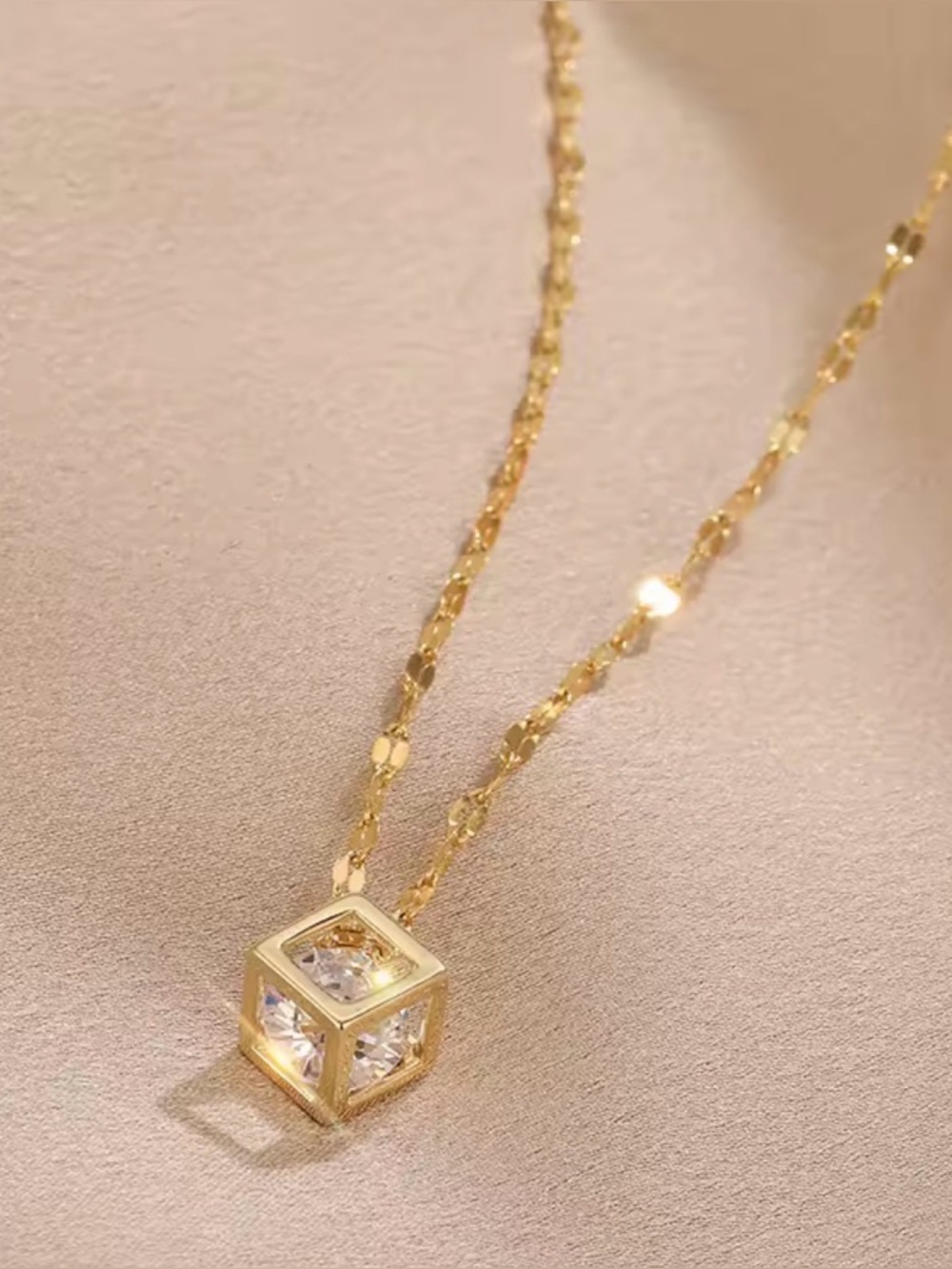 Gold Cube Pendant Necklace - Women's Elegant Sparkle